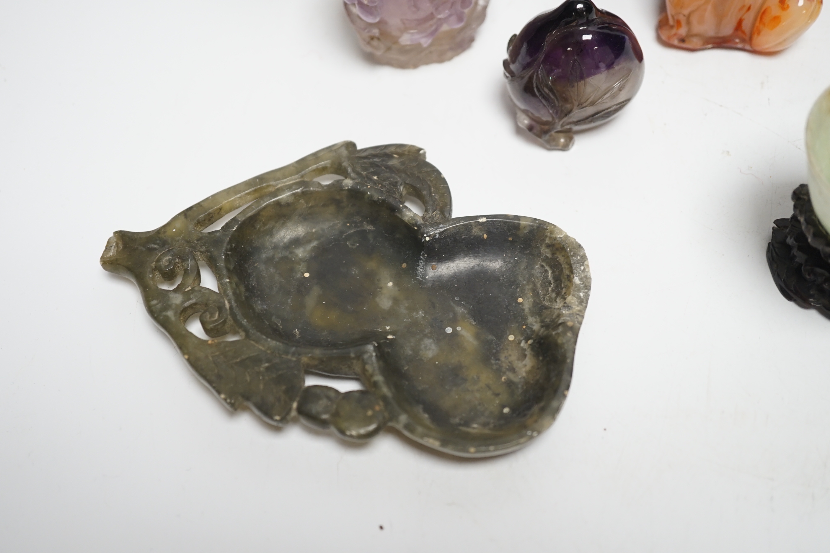 Two Chinese carved amethyst quartz scent bottles, two similar chalcedony snuff bottles, soapstone dishes, carvings etc